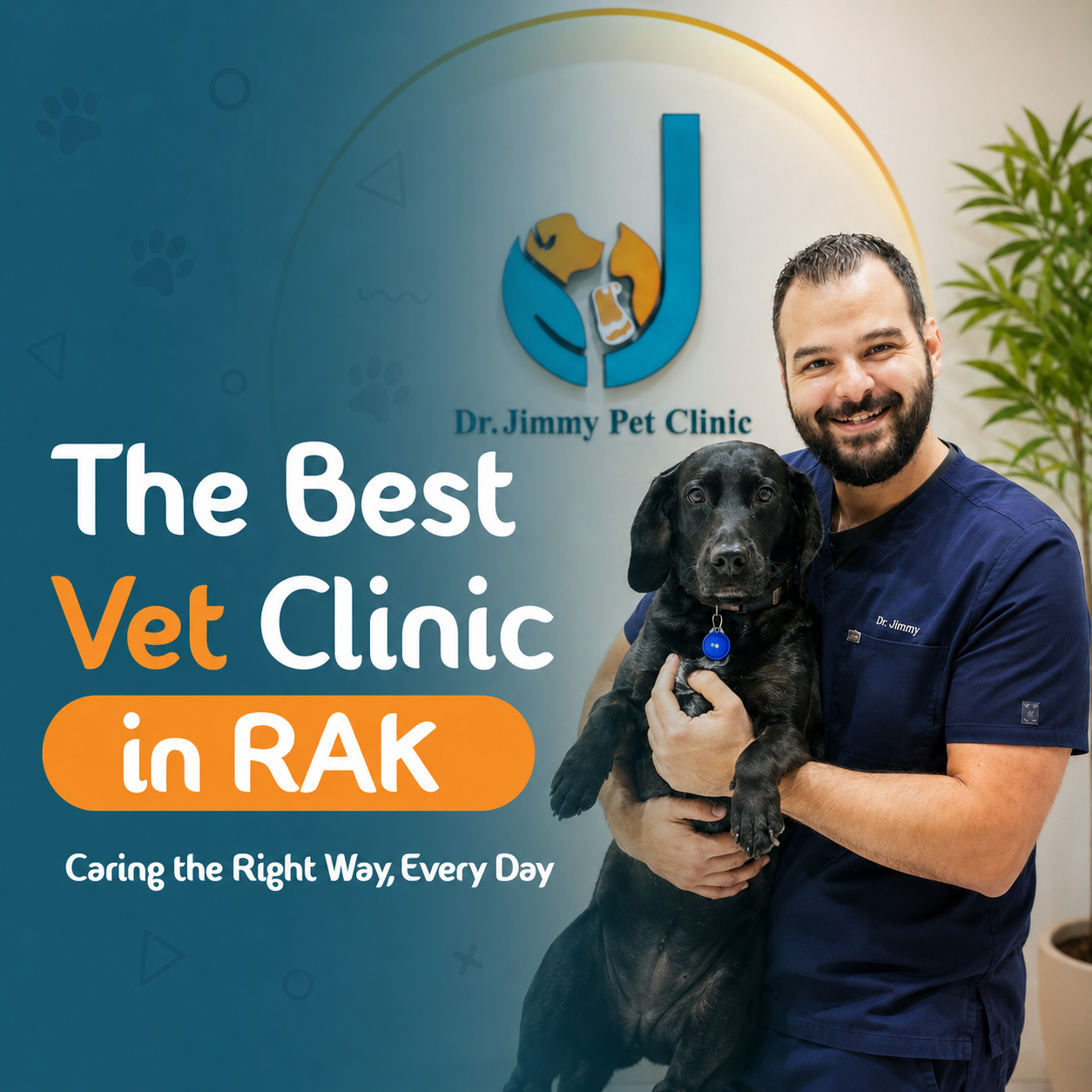 Dr. Jimmy holding a dog at Dr. Jimmy Pet Clinic, the best vet clinic in Ras Al Khaimah